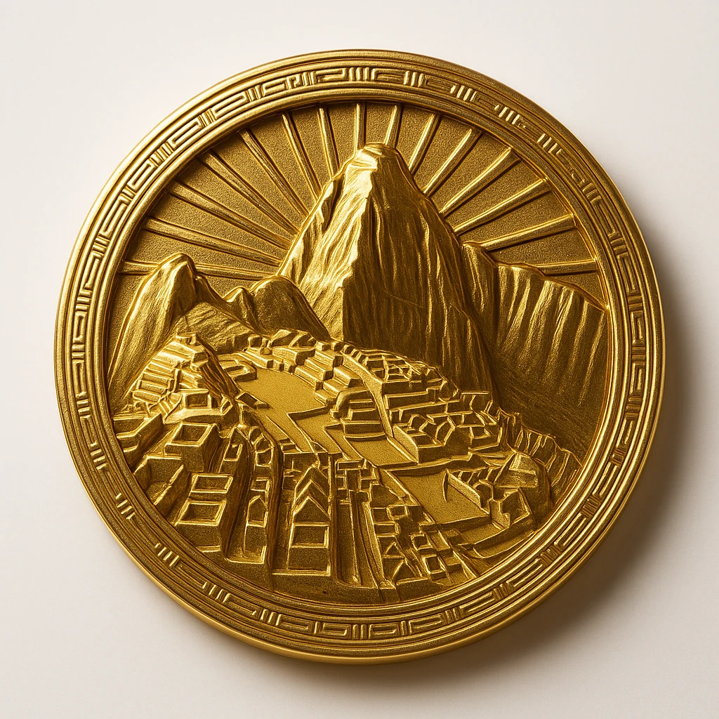 circular logo with Machu Picchu and sun rays, gold and terracotta colors, strong silhouette, Inca-inspired emoji