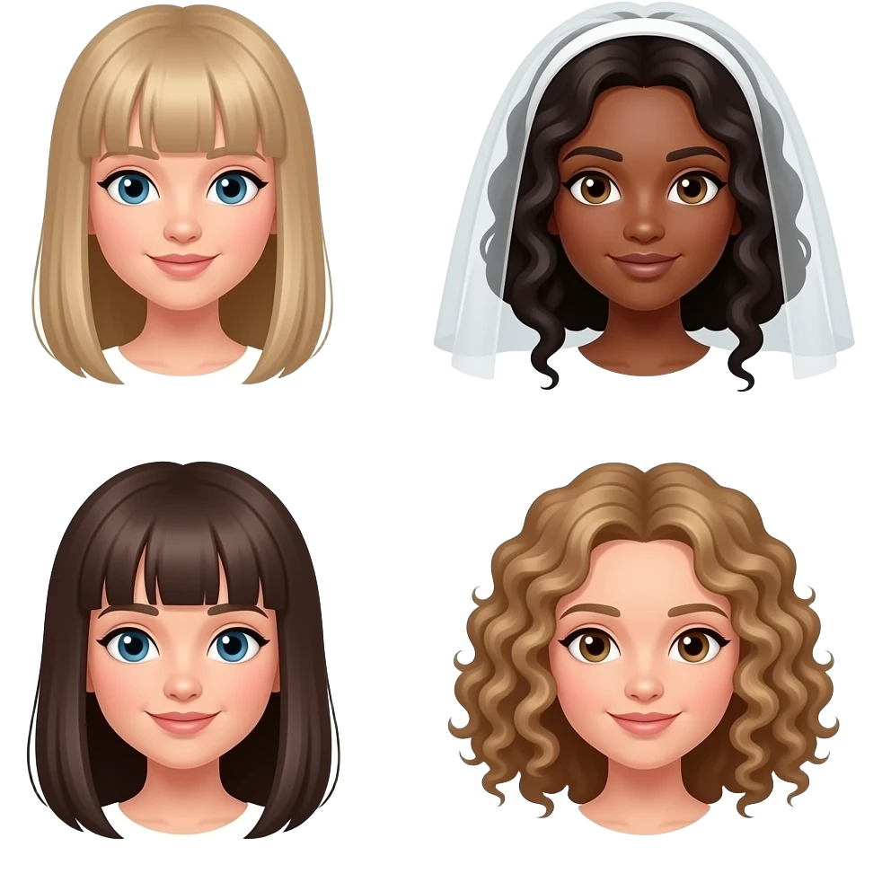 una ragzza capelli lisci bianca, una ragazza scura con il velo, una riccia chiara emoji