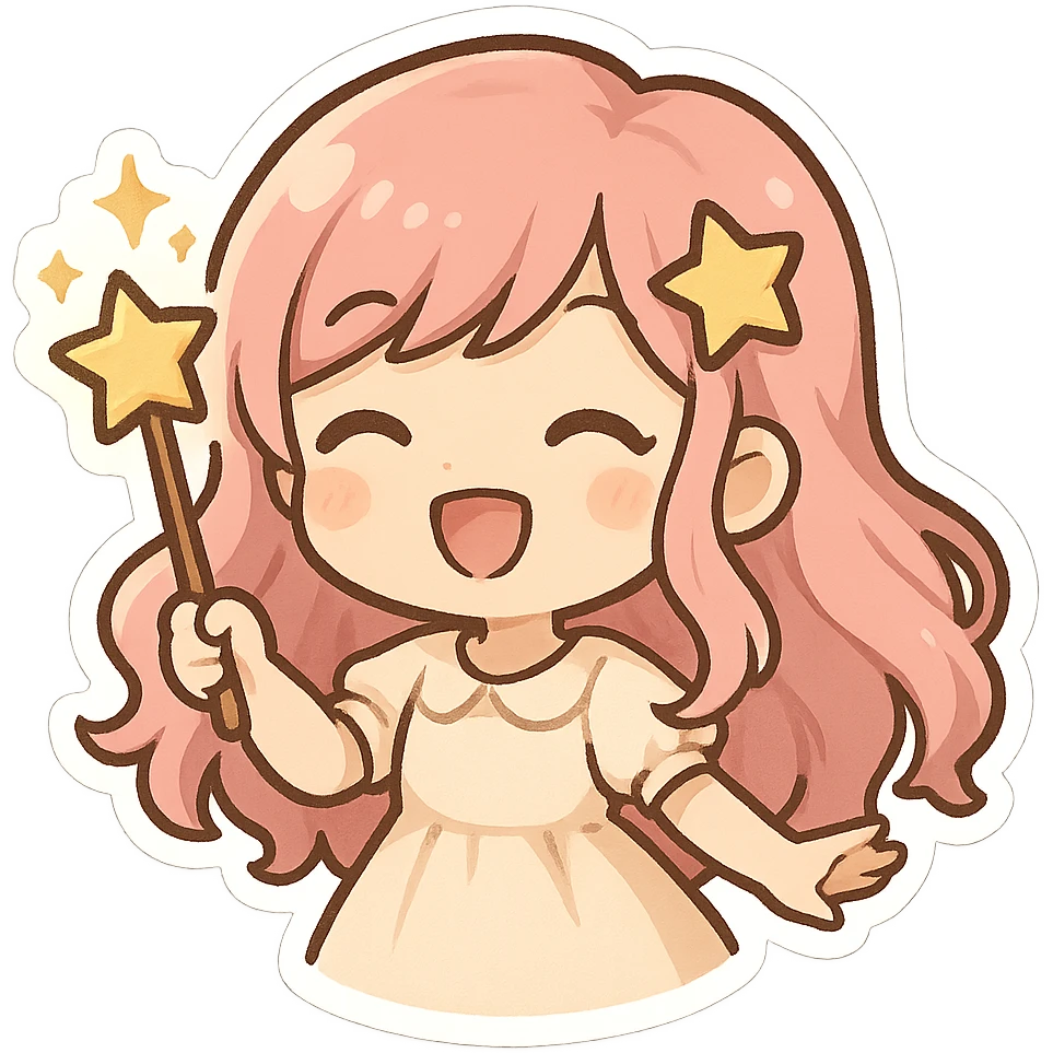 girl with pink hair and a star wand, magical and smiling, chibi stickers style emoji