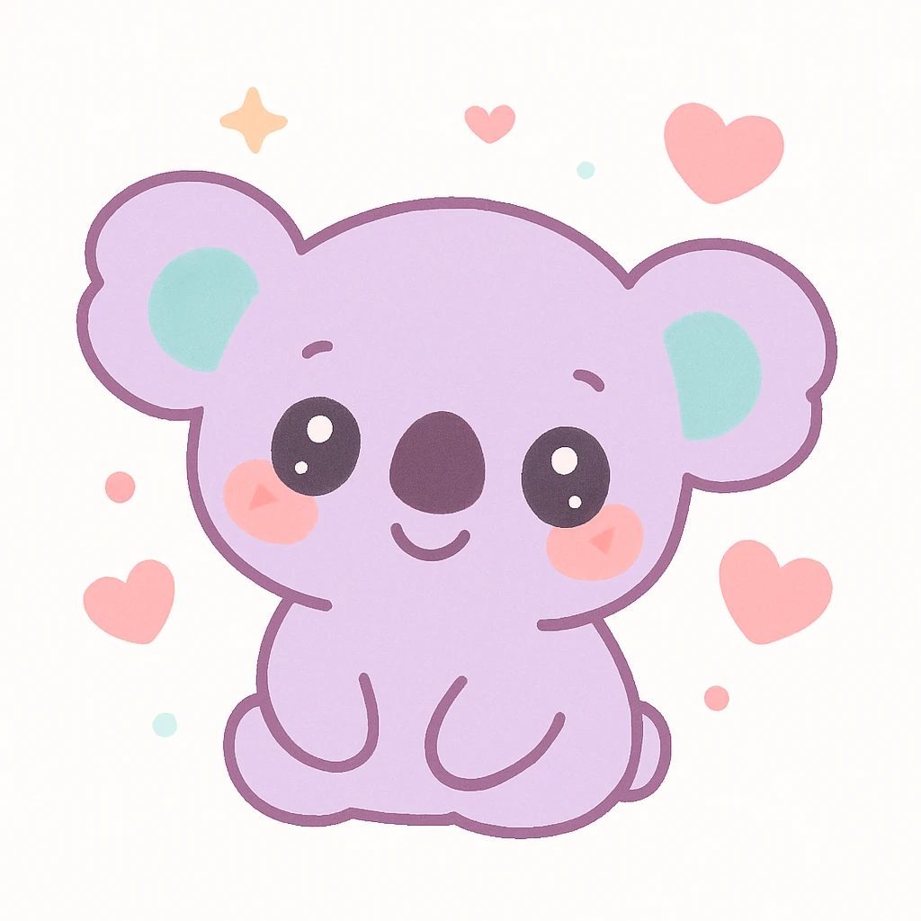 a cute koala in love, blushing, with hearts, kawaii style emoji