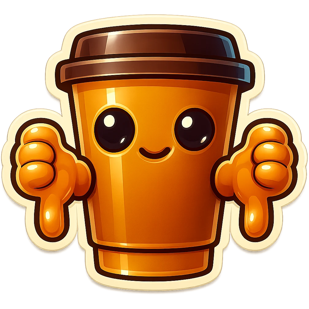 Tall coffee cup, no mouth, big thumbs doen emoji