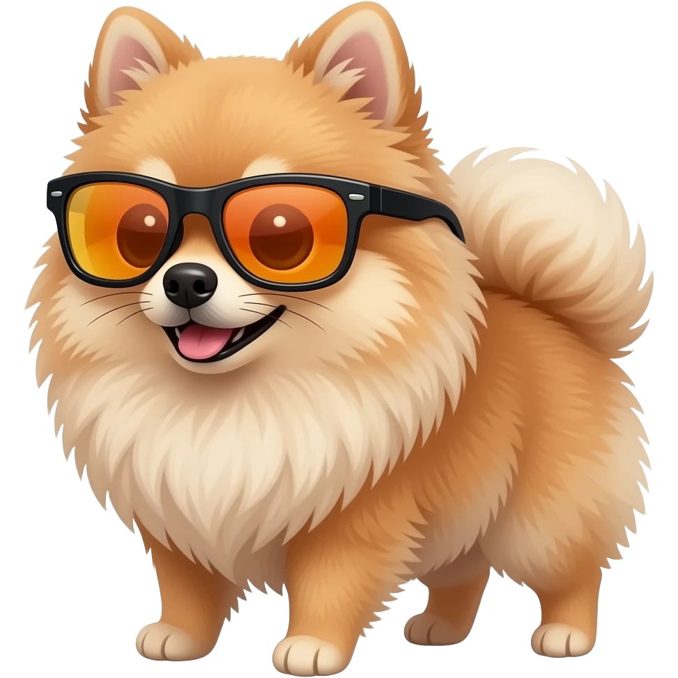 pemeranian spitz wearing oakley sport sunglasses with orange reflecting mirror lences, with a lot of fur emoji