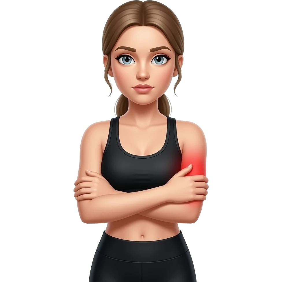 arm pain, red glow on arms, woman holding one arm, fair-skinned woman, gray-blue eyes, ash brown brows, ash light brown hair tied back, slim athletic body, black workout set, white background emoji
