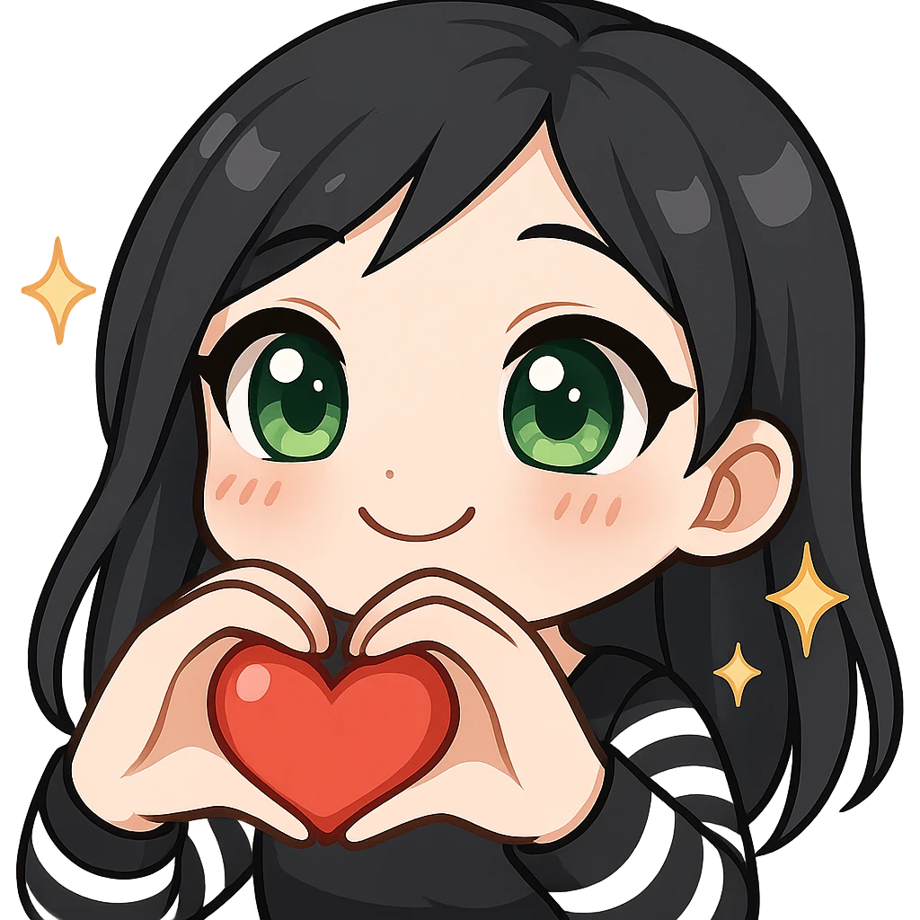 Twitch emote of a girl with black hair and green eyes, making a heart with her hands, in a shiny, detailed chibi style with large eyes, sparkles, soft shading, and a loving expression, matching the reference style. emoji