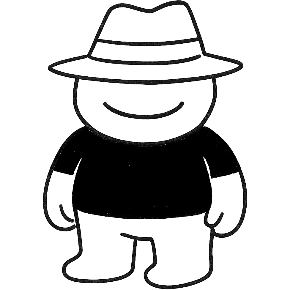Make the shirt all black, keep the yellow character grinning with a black fedora whose shadow covers his eyes, preserve the original style, no background. emoji