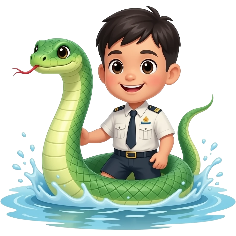 A young Thai Naga (serpent) with green scales, small build, simplified uniform, swimming in a river, water splash background, card game style. emoji
