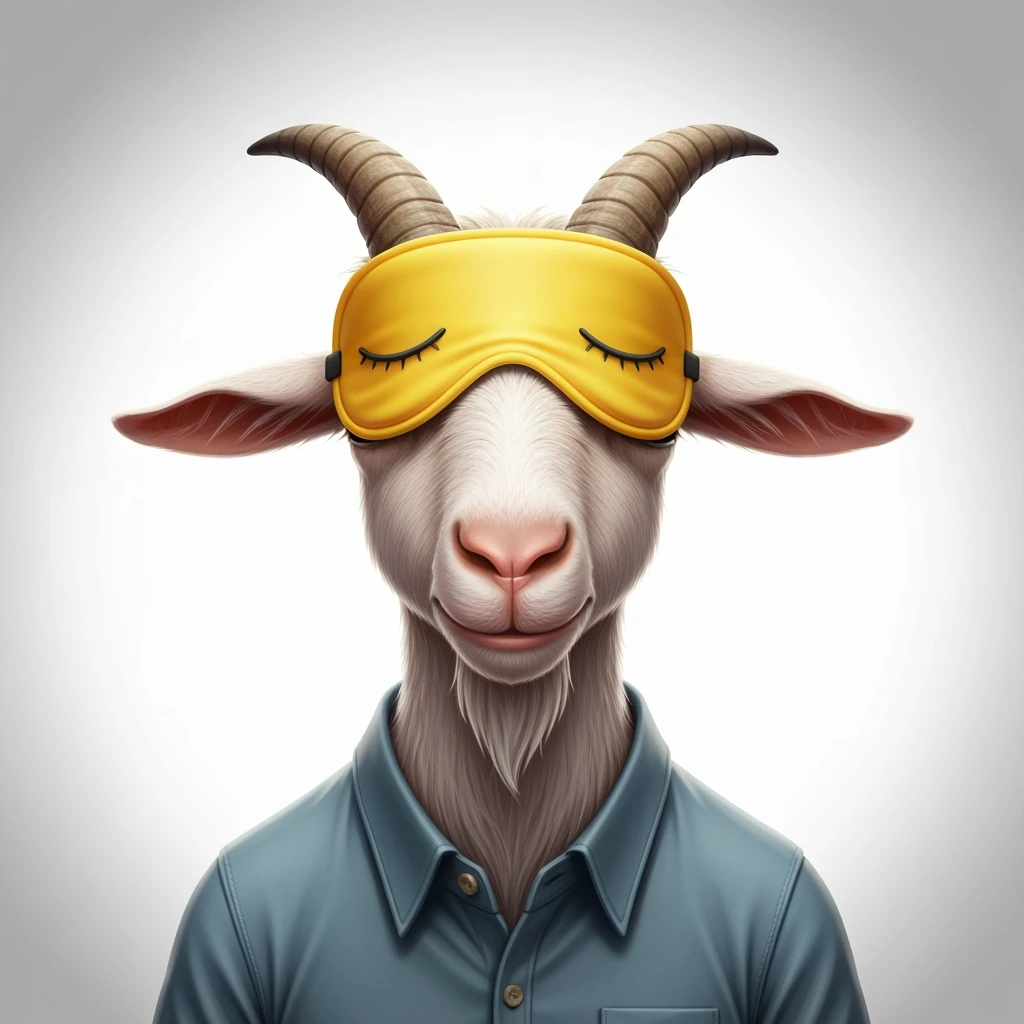 a goat with yellow sleep mask and wearing shirt, front view,  Frontal Top-Down Soft Light, white background, portrait, casual cartoon stylized emoji