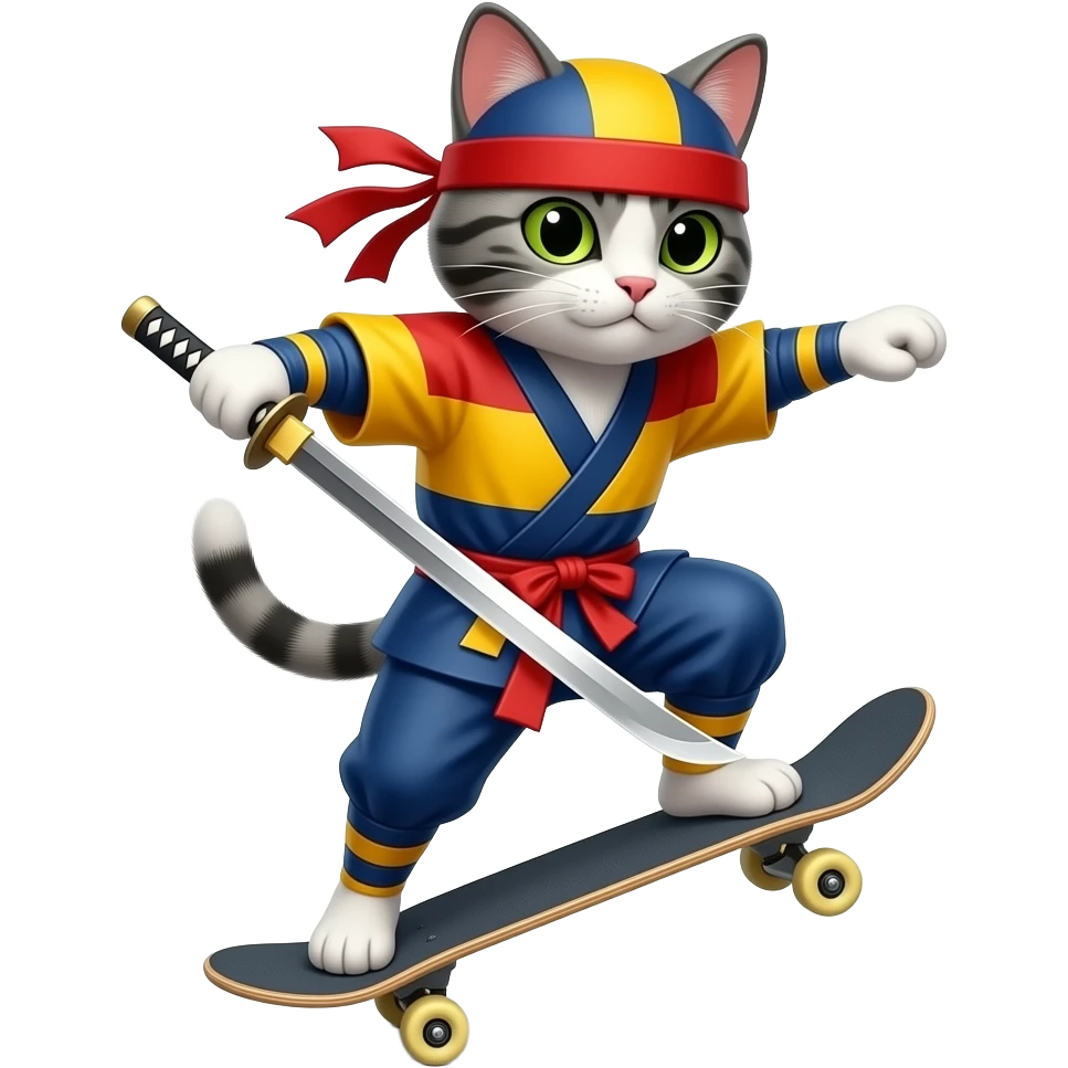 hazme un gato que este con en skate partinando hacinedo un truco con un oufit de un Ninja con lo colores de españa con una katana emoji