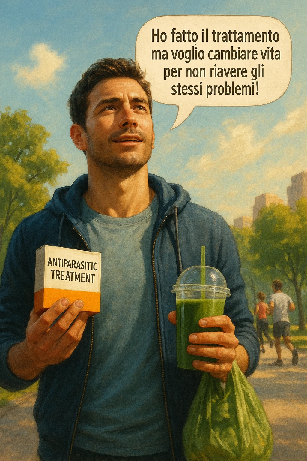 A realistic, cinematic illustration of a man in his early 30s with a determined and hopeful expression, standing outside under a bright morning sky, holding a small box labeled 'Antiparasitic Treatment' in one hand, while in the other hand he holds a fresh green smoothie or a bag of vegetables. A speech bubble near him says: ‘Ho fatto il trattamento ma voglio cambiare vita per non riavere gli stessi problemi!’ The man is wearing casual but clean and sporty clothing, symbolizing a fresh start, with the background showing a city park with green trees, morning light, and people jogging, indicating a healthy lifestyle. The atmosphere is bright, uplifting, and motivating, clearly illustrating the transition from treatment to lifestyle change to prevent future health issues. The style is realistic with warm tones, showing positive energy and commitment to change in italiano emoji