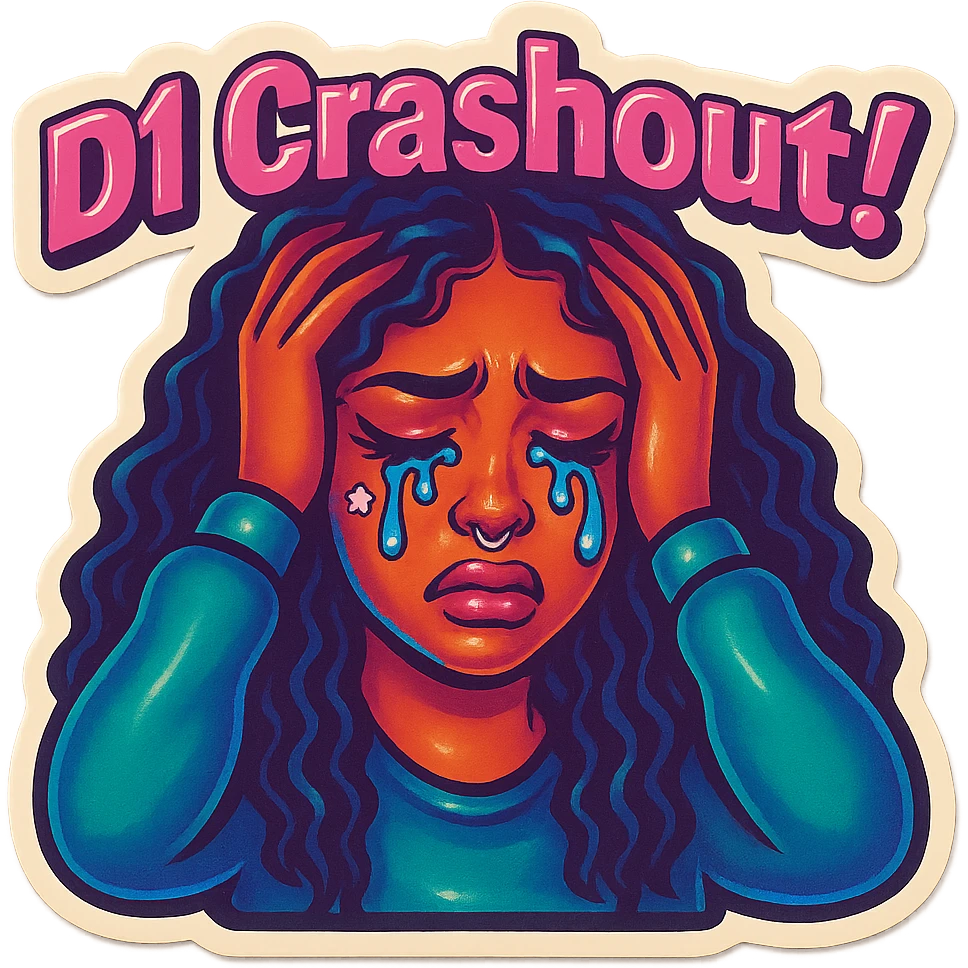 Crying Holding head 
add the wordsD1 Crashout!  in pink  emoji