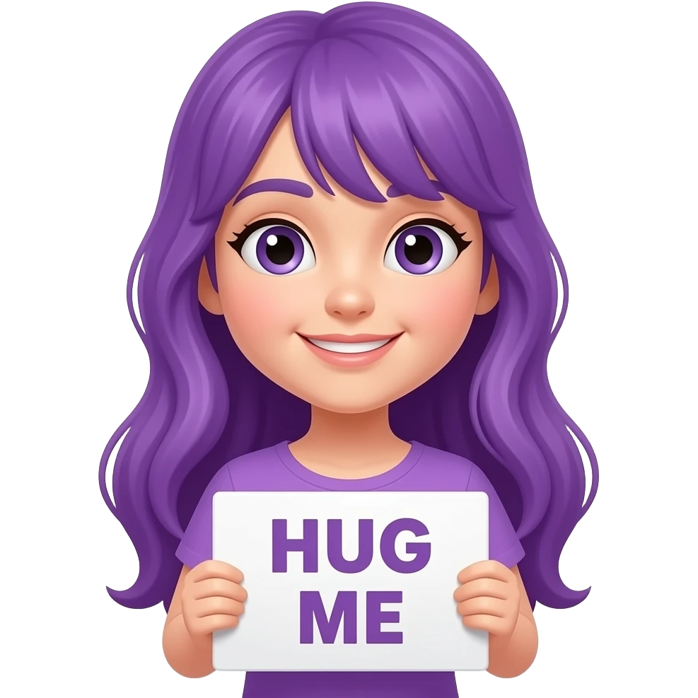 girl with long purple hair holding a HUG ME sign emoji