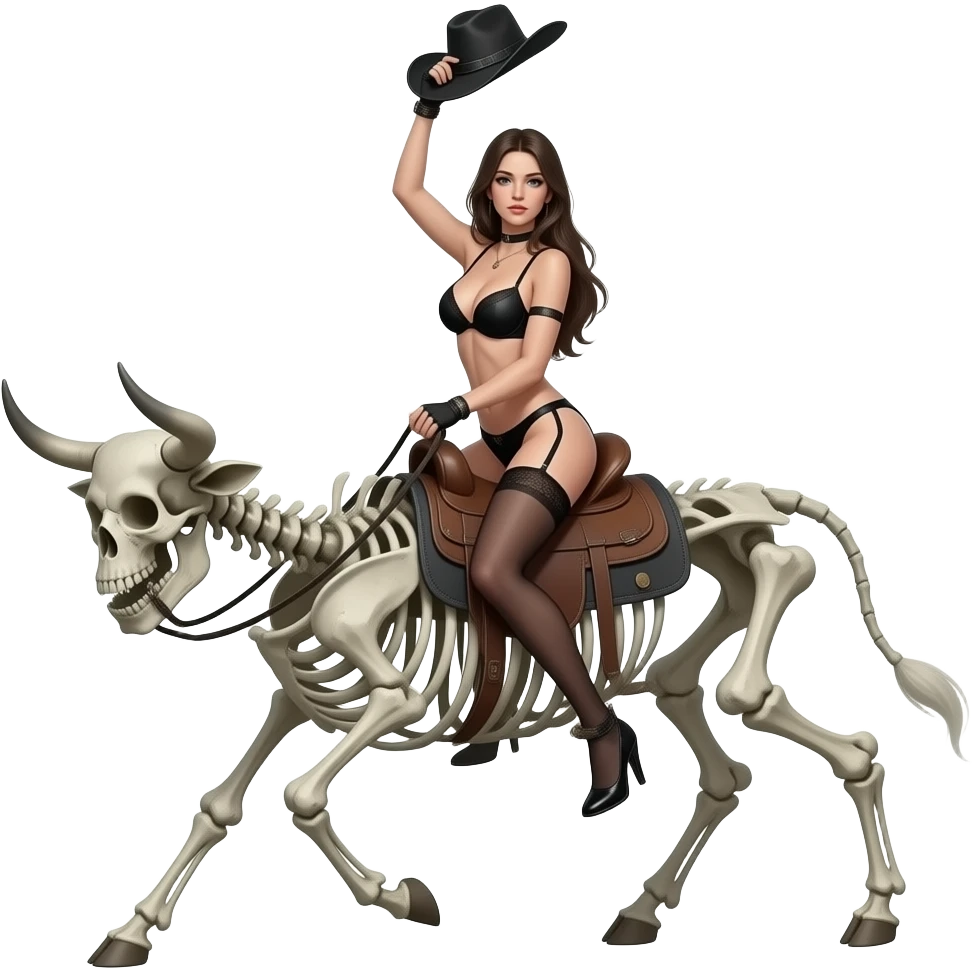 Sexy fothuc femake with black lingerue holdin a blck coboy hat up 8n the air with ine arm and holdin onto a skeleton bull with other arm, riding the skeleton bull. Seductive. Realistic. Fantasy emoji