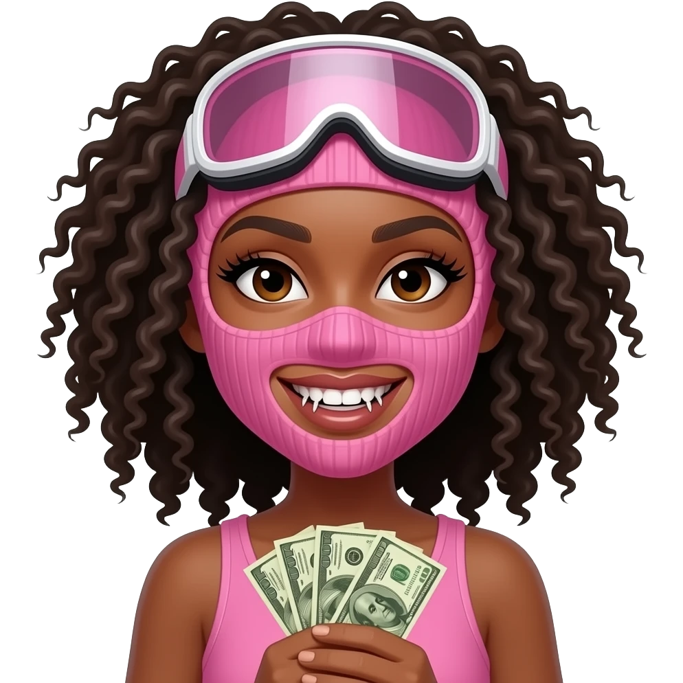 Smiley face dark skin woman with grillz. Curly hair lashes, wearing a pink ski mask holding money in her hands emoji