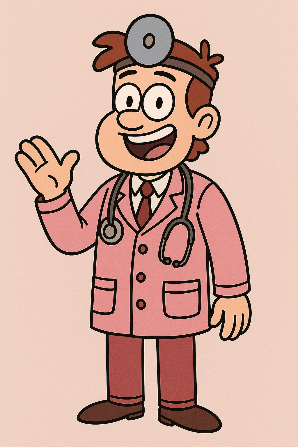 a cheerful doctor character in a pink outfit, simple background, illustration emoji