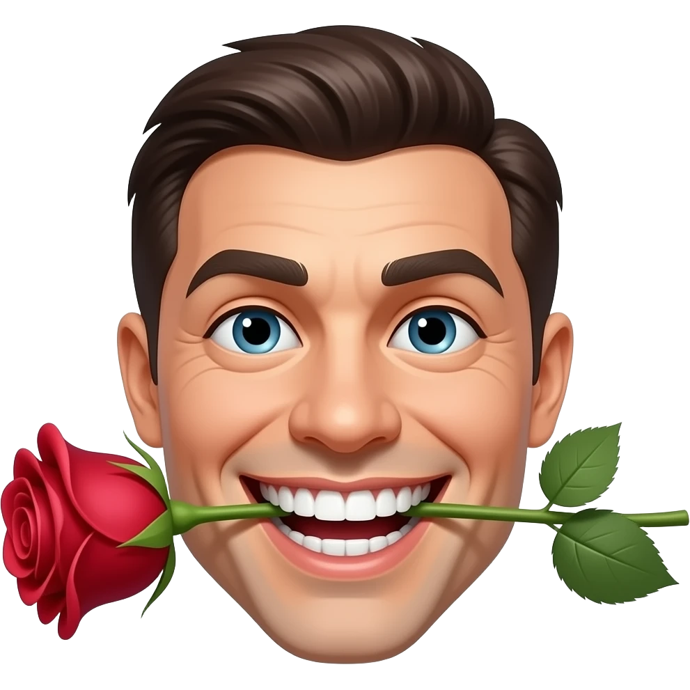 A smirking, flirtatious basic emoji with a rose between its teeth emoji