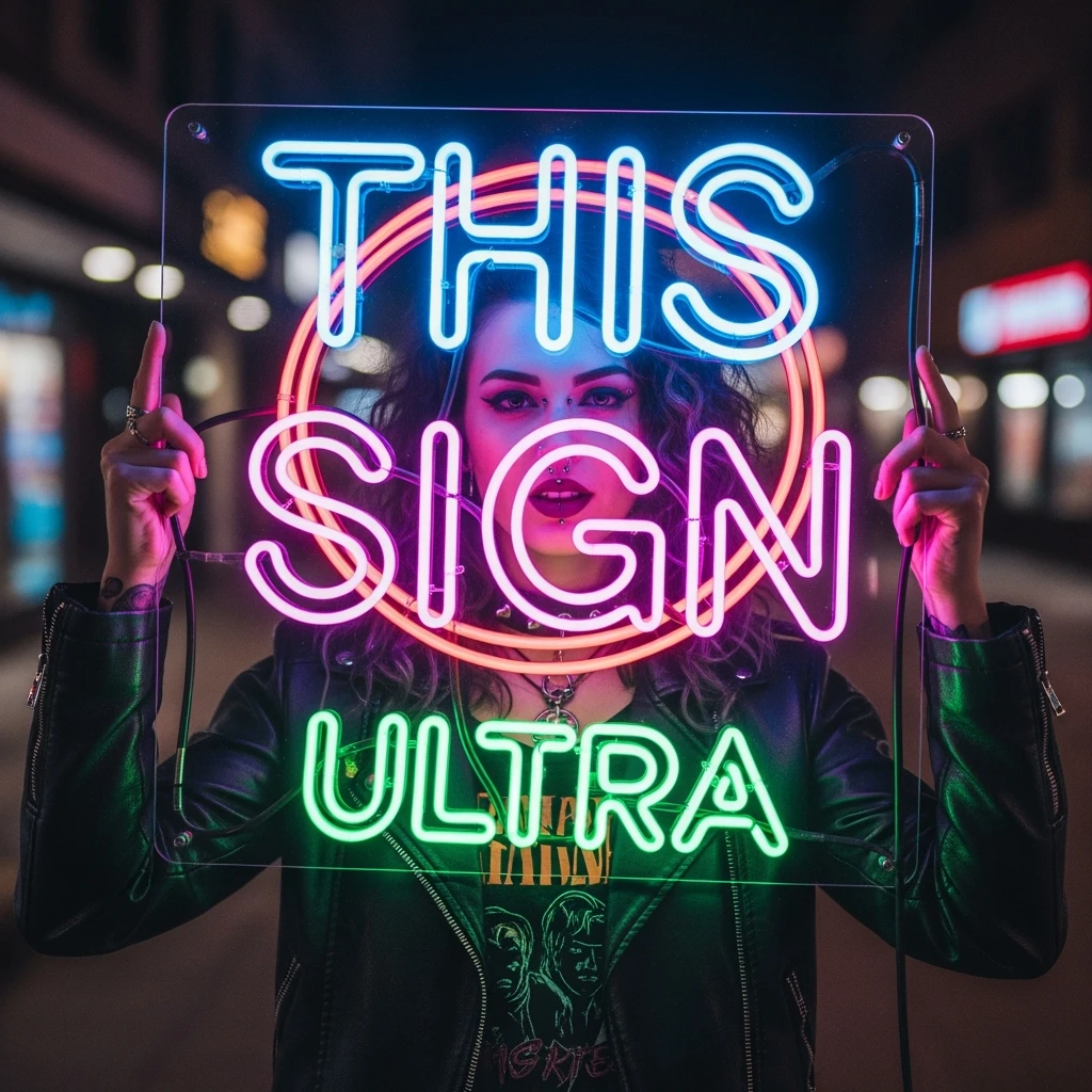 make a girl holding this sign, but sign in made of neon, also add ultra below the sign emoji