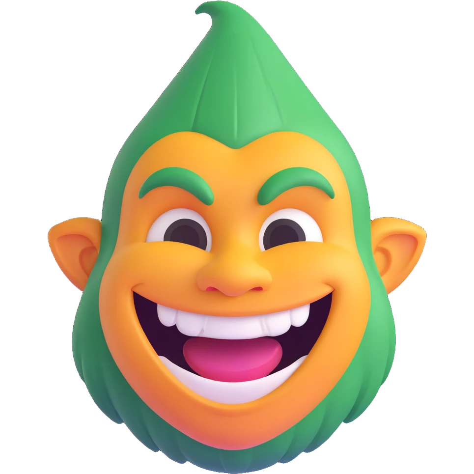 Make a tall, stretched troll face with a huge smile in a 3D emoji style inspired by the provided reference. emoji