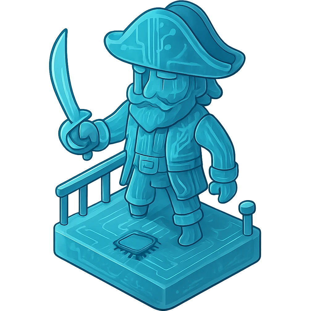 A pirate captain standing on a ship deck, with translucent body showing internal circuit patterns, wearing a tricorn hat and holding a sword emoji