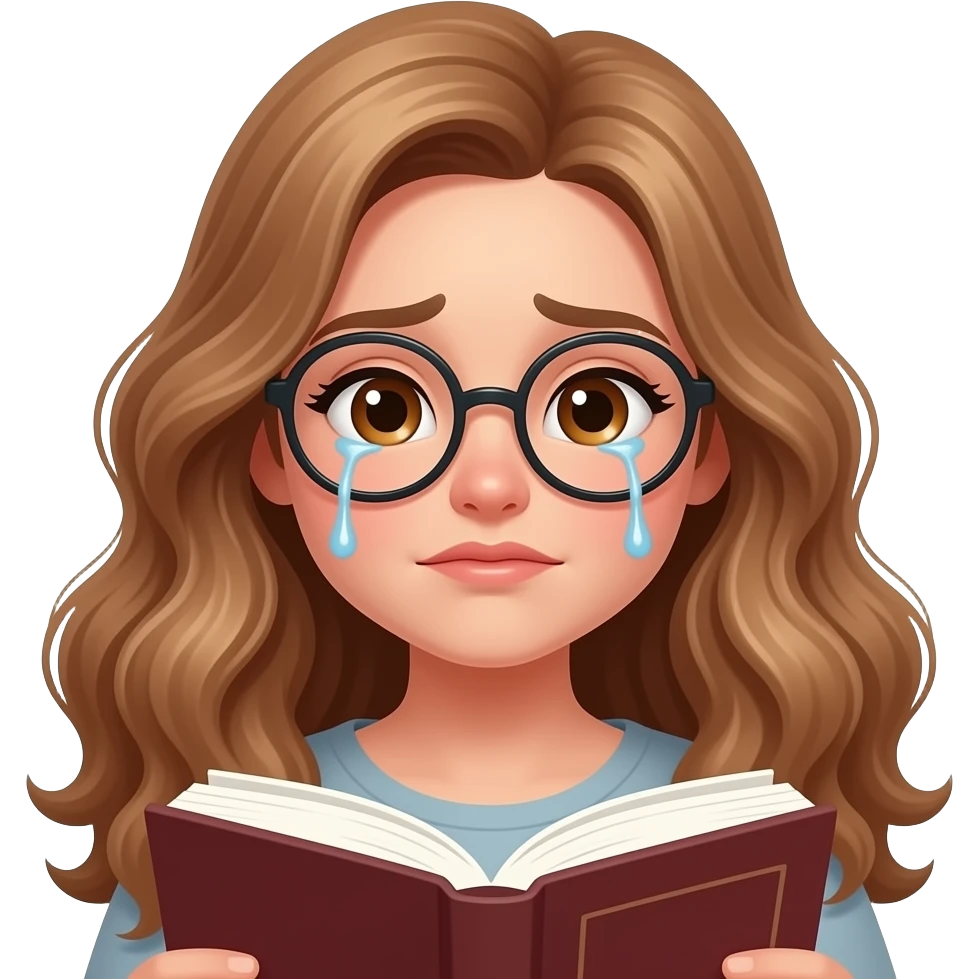 detailed emoji illustration of a curvy woman with long light brown wavy hair, light brown eyes and round glasses reading a book with tears in her eyes, emotional reading moment, cute emoji style emoji