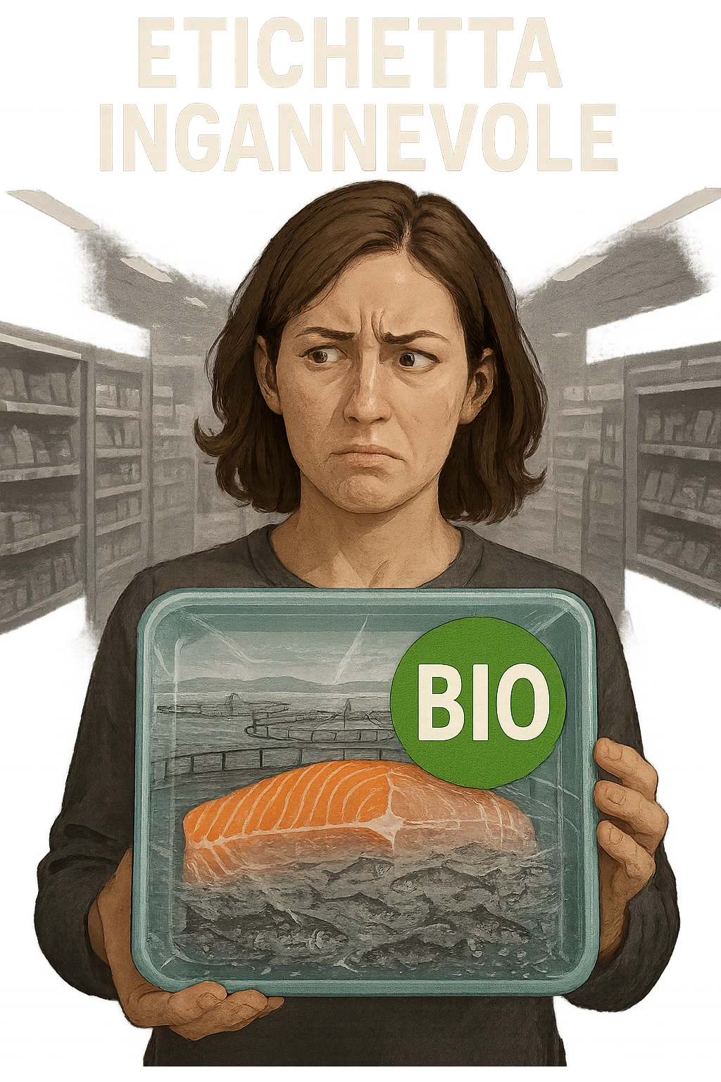 Scena in un supermercato moderno: uomo o donna tiene in mano una confezione di salmone etichettata 'BIO', con un grande bollino verde. Ma in trasparenza, dietro l’etichetta, si intravede un allevamento intensivo di salmoni in gabbie marine, acqua torbida e pesci ammassati. Espressione del cliente confusa e sospettosa. Sopra la testa, testo simbolico fluttuante: 'Etichetta ingannevole'. Colori contrastanti: confezione brillante ma realtà di fondo grigia e artificiale. Stile realistico con elementi simbolici forti emoji