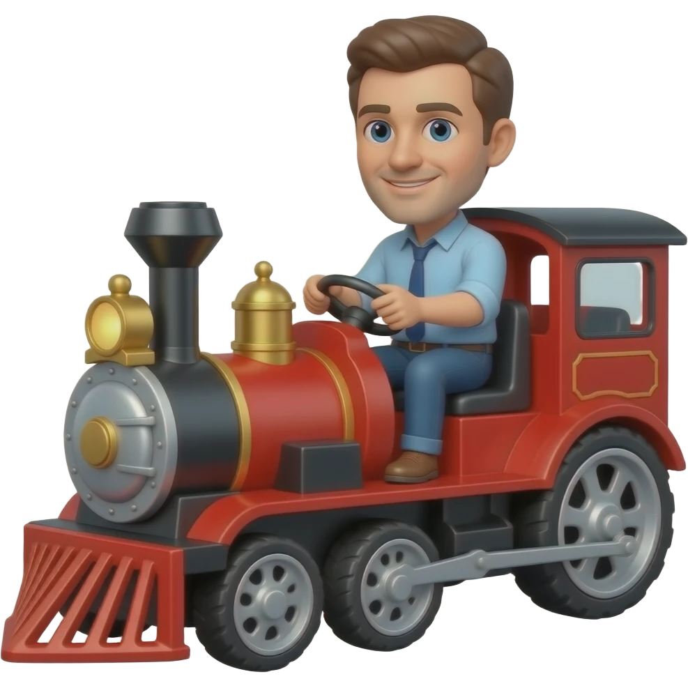 An man driving a red full sized toy train for real life emoji