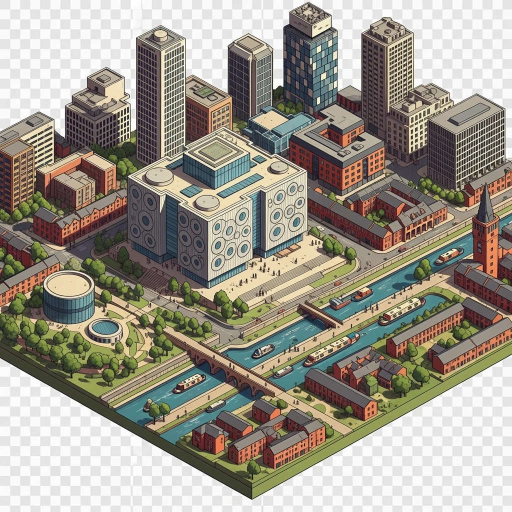 Isometric illustration of Birmingham, featuring the Library of Birmingham with its modern architecture and nearby canals, highly detailed in semi-realistic style, balanced between stylized and realistic, 3D miniature effect, transparent background. emoji