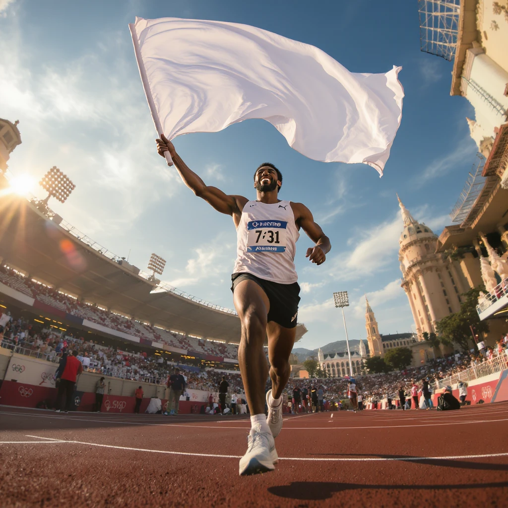happy runner waving a white flag of Olympic emoji