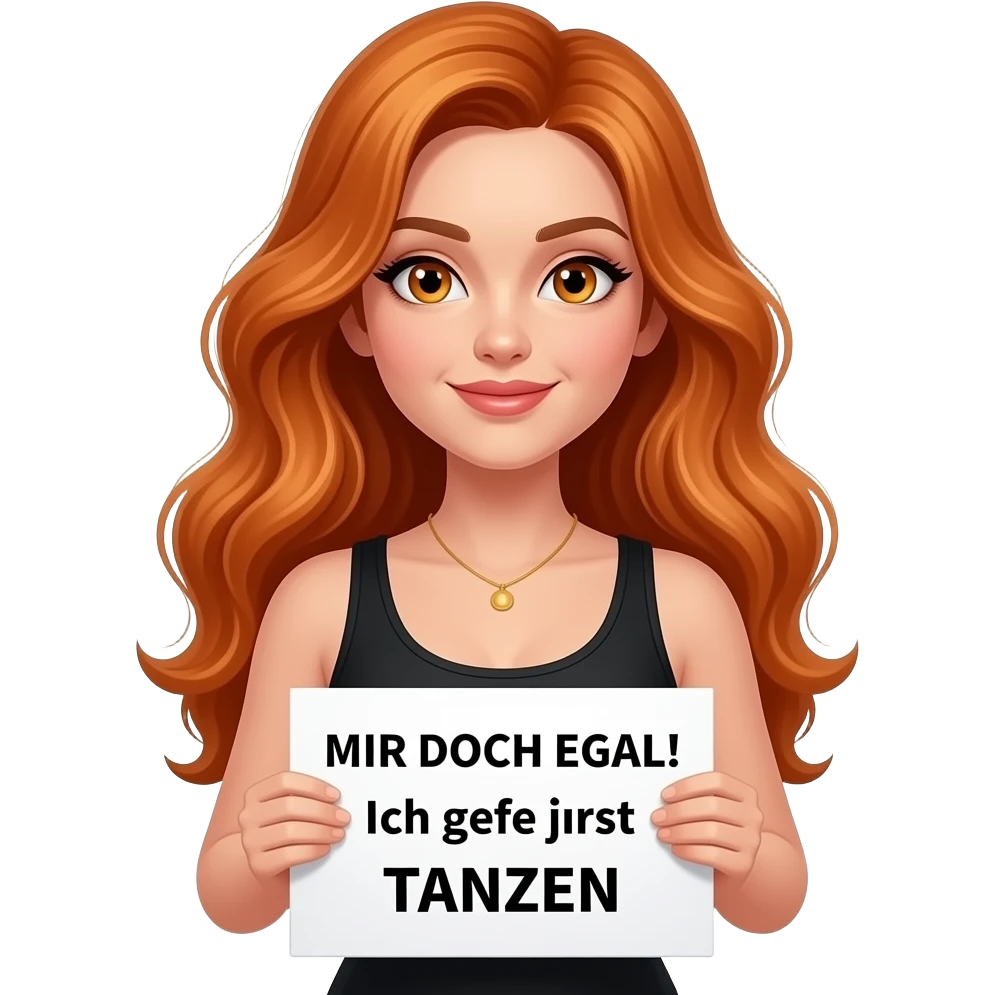 sexy girl with long wavy ginger hair and ginger eyes wearing a black tanktop is holding a white colored sign with MIR DOCH EGAL! Ich gehe jetzt TANZEN written on it emoji