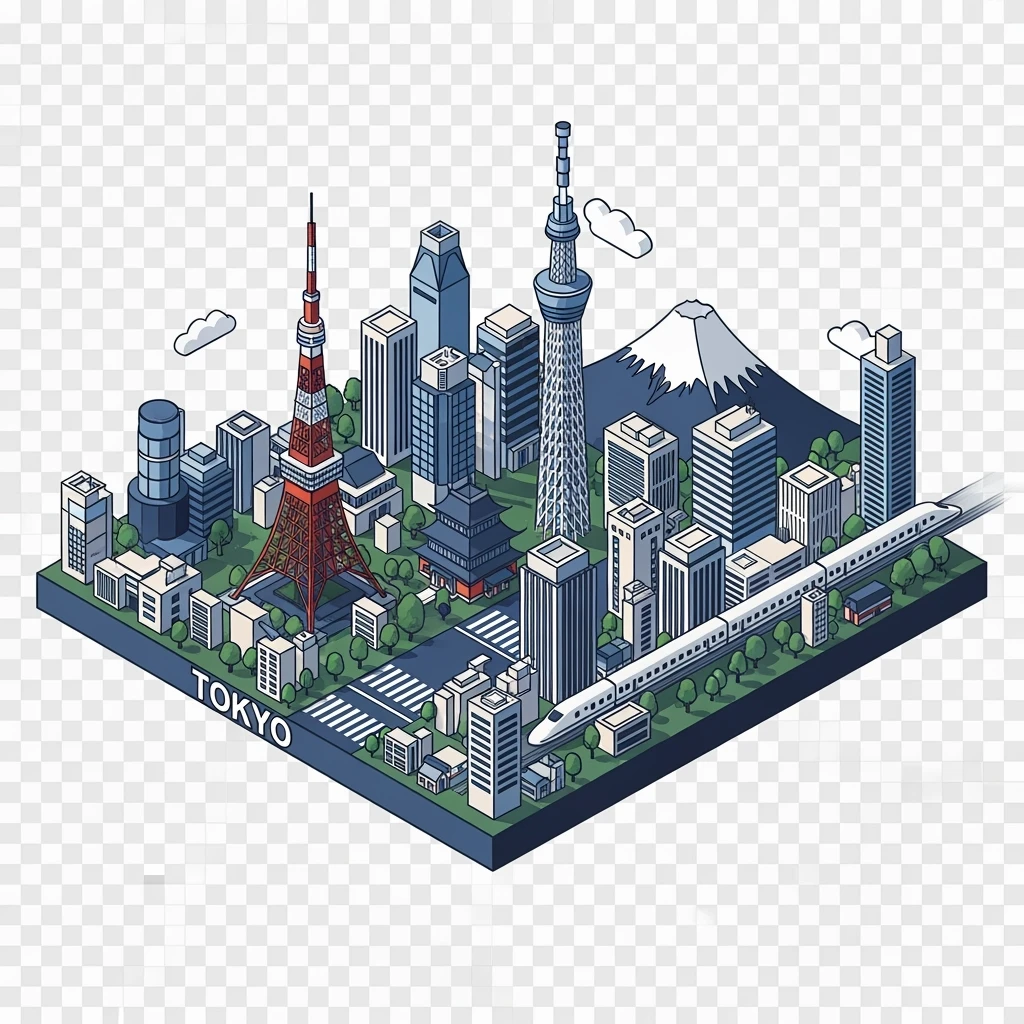 Isometric minimalistic illustration of Tokyo, with Tokyo Tower, Skytree, Shibuya Crossing, Mount Fuji in background, high-speed trains, subtle 3D miniature effect and Tilt Shift effect, no cartoonish look, transparent background. emoji