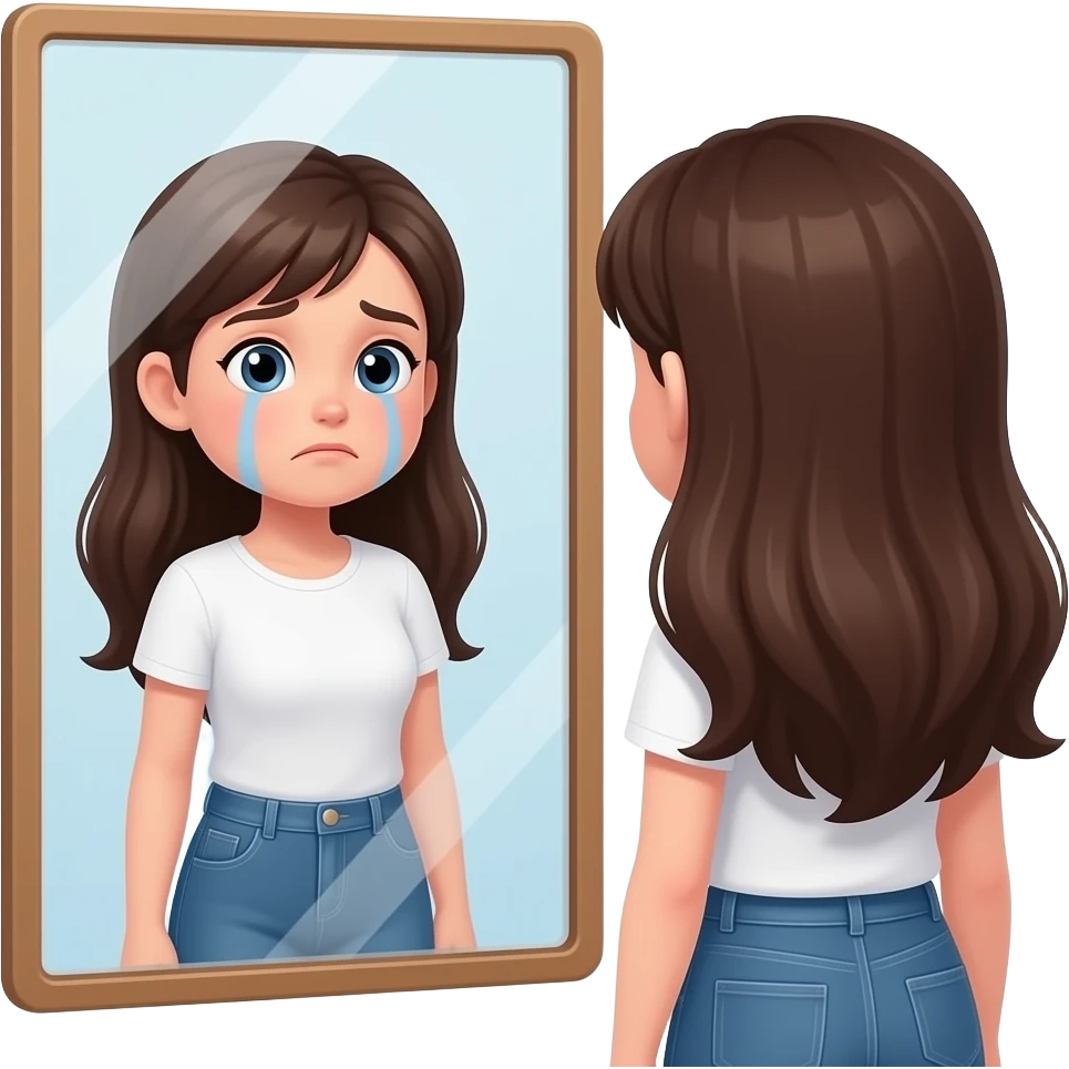 una chica triste  viendose en un espejo ,su propio reflejo se cubre el cuerpo y hay en poster que muestra a una chica feliz  con un buen cuerpo emoji
