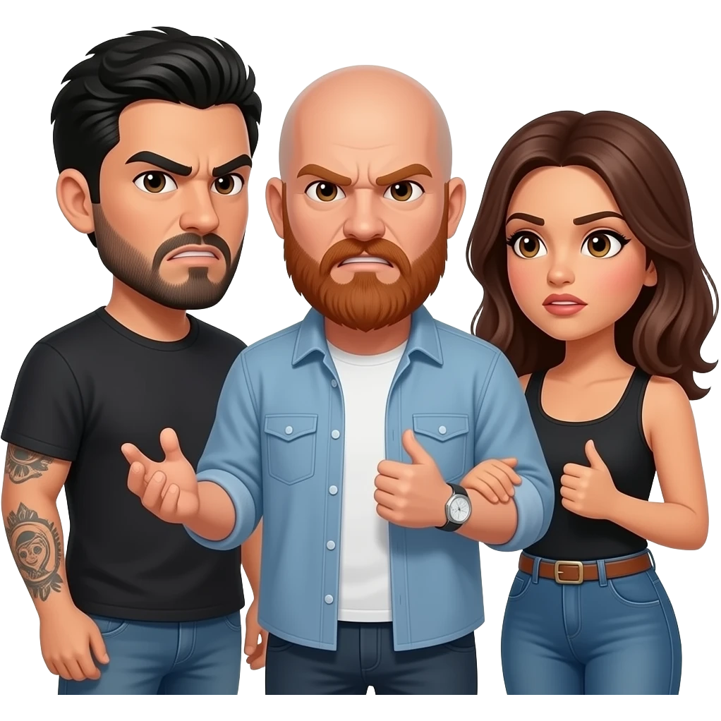 A really sad but angry because he found out she was cheating on him with a bald, headed red bearded guy, andthey are always arguingLatino couple man has a beard, medium hair and tattoos and his wife is beautiful with hazel eyes and shoulder length brown hair and their relationship is broken emoji