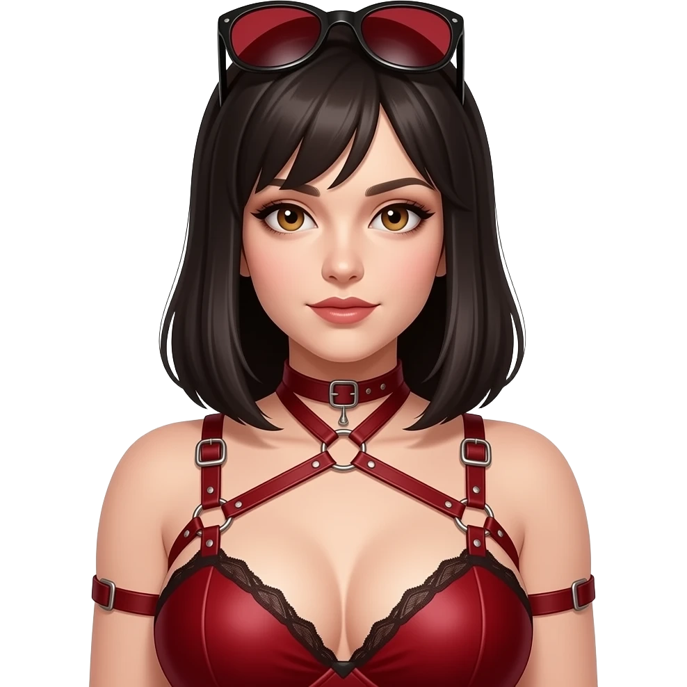 Dominatrix wearing a darkred bdsm style harness lingerie. White skin, chubby, halflong dark hair, hazel eyes. emoji