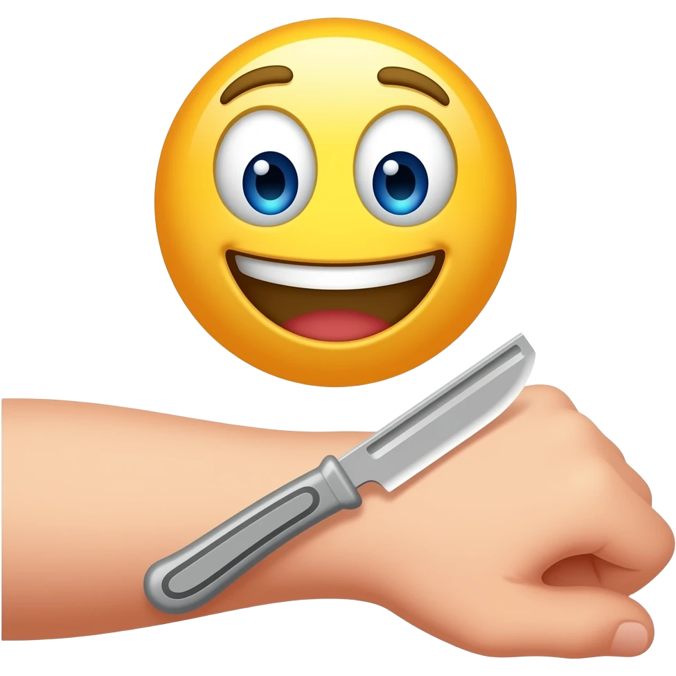 Smiling emoji cutting wrist with razor blade emoji
