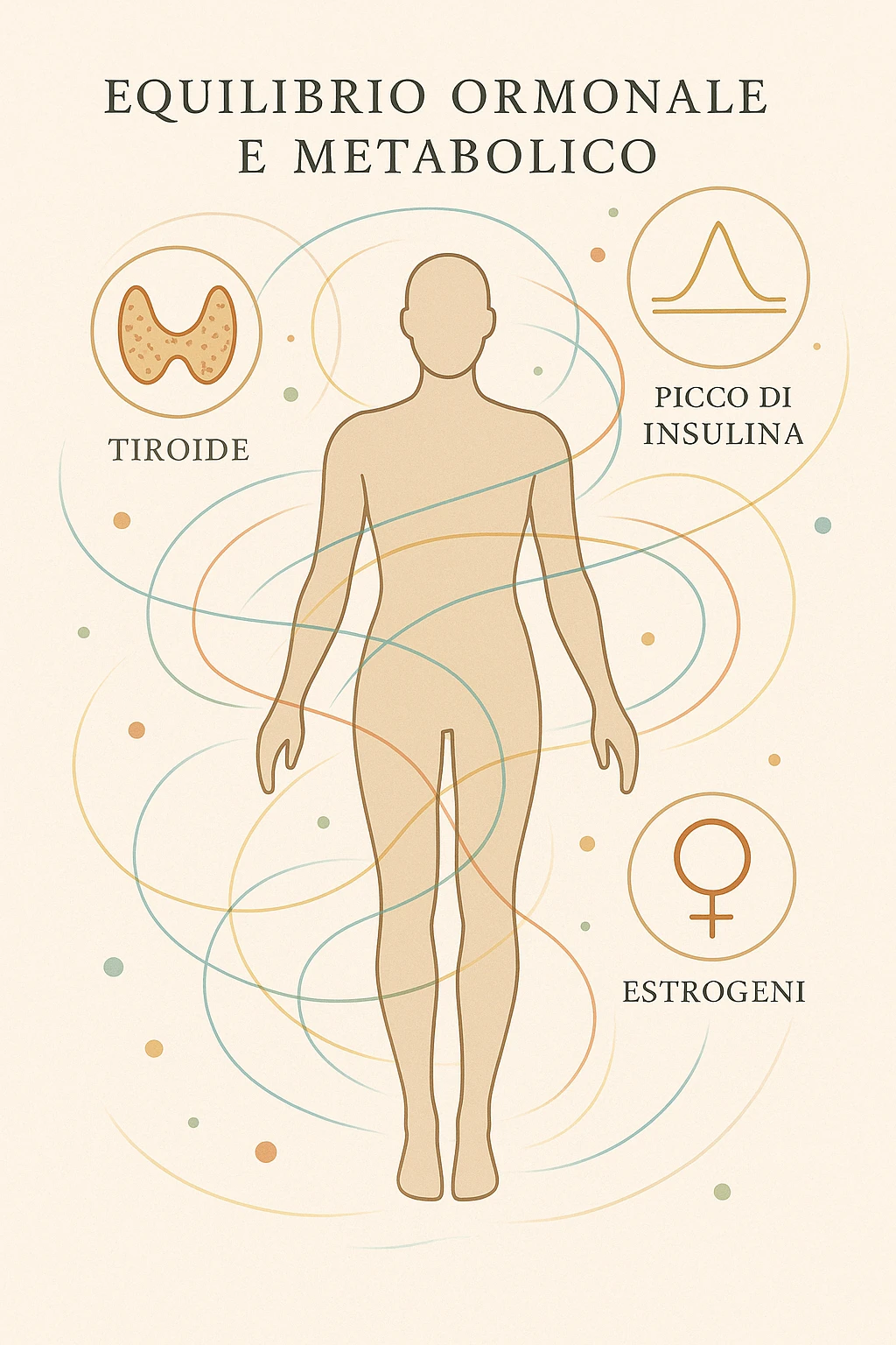Il corpo è circondato da simboli delicati e bilanciati che rappresentano equilibrio ormonale e metabolico: piccoli cerchi, flussi energetici colorati, simboli stilizzati di tiroide, picco insulina, estrogeni. 4k immagine in italiano emoji
