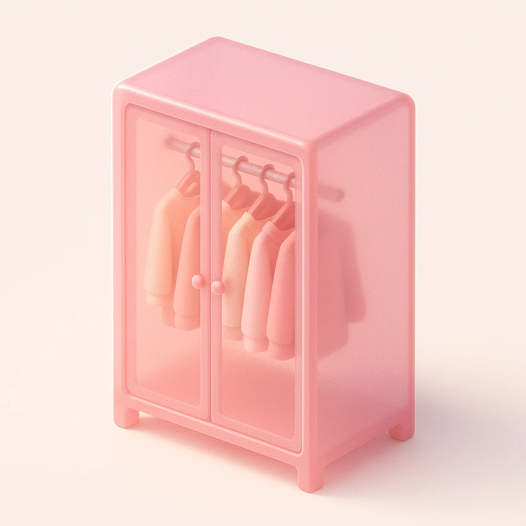 stylish pink glass closet, neatly hung pastel clothes, cozy and inviting, modern cute aesthetic emoji