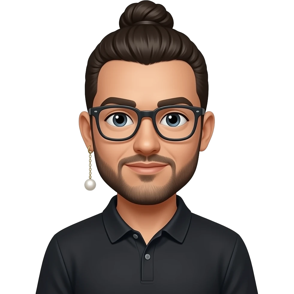 Men with a bun and glasses, long earing with white pearl and black polo emoji