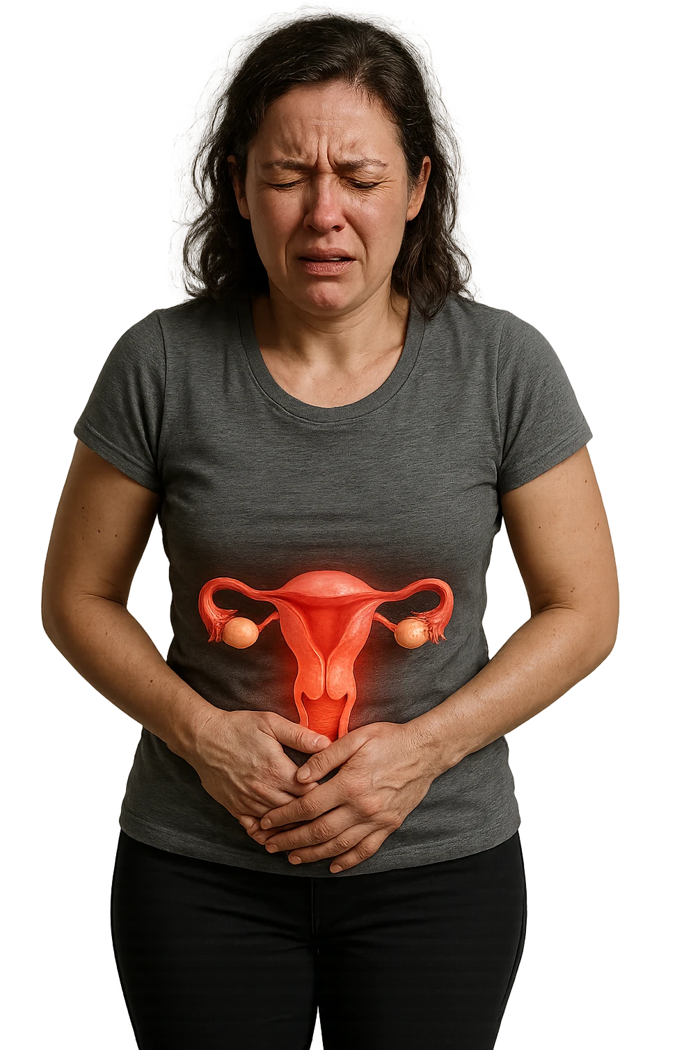 donna a figura intera con utero umano realistico in 3d in evidenza dolorante, espressione di dolore in volto, sfondo bianco, non farla computerizzata, ma iperrealistica 4k emoji