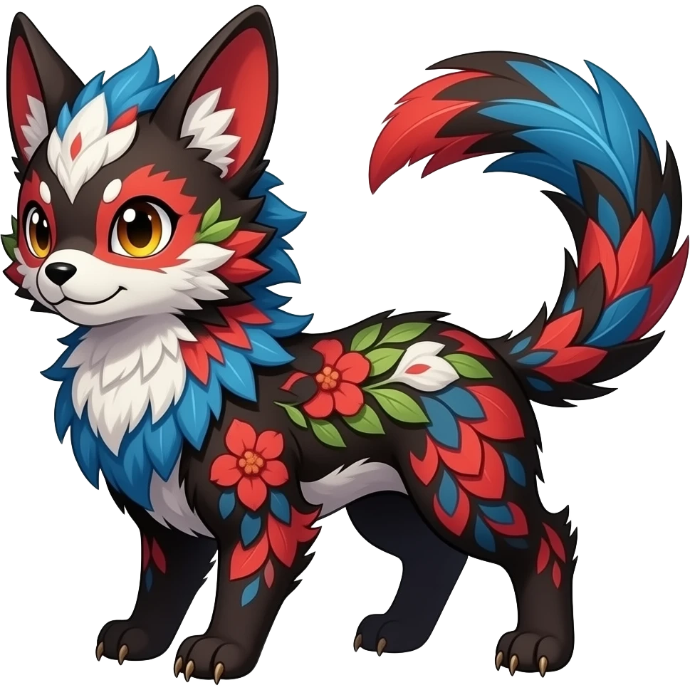 Floral-patterned majestic feathery elegant realistic stylish Furry, fluffy feathery tropical painted scaly, dark-brown, sanguine-red, blue, white, black, Minccino-Bambino-Linoone-Zangoose-fusion-hybrid-animal-Fakémon-creature, full body, thin long sleek tufted tail, intricate markings emoji