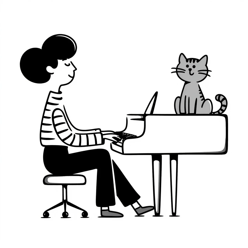 woman playing piano while her cat sits on top of the piano emoji