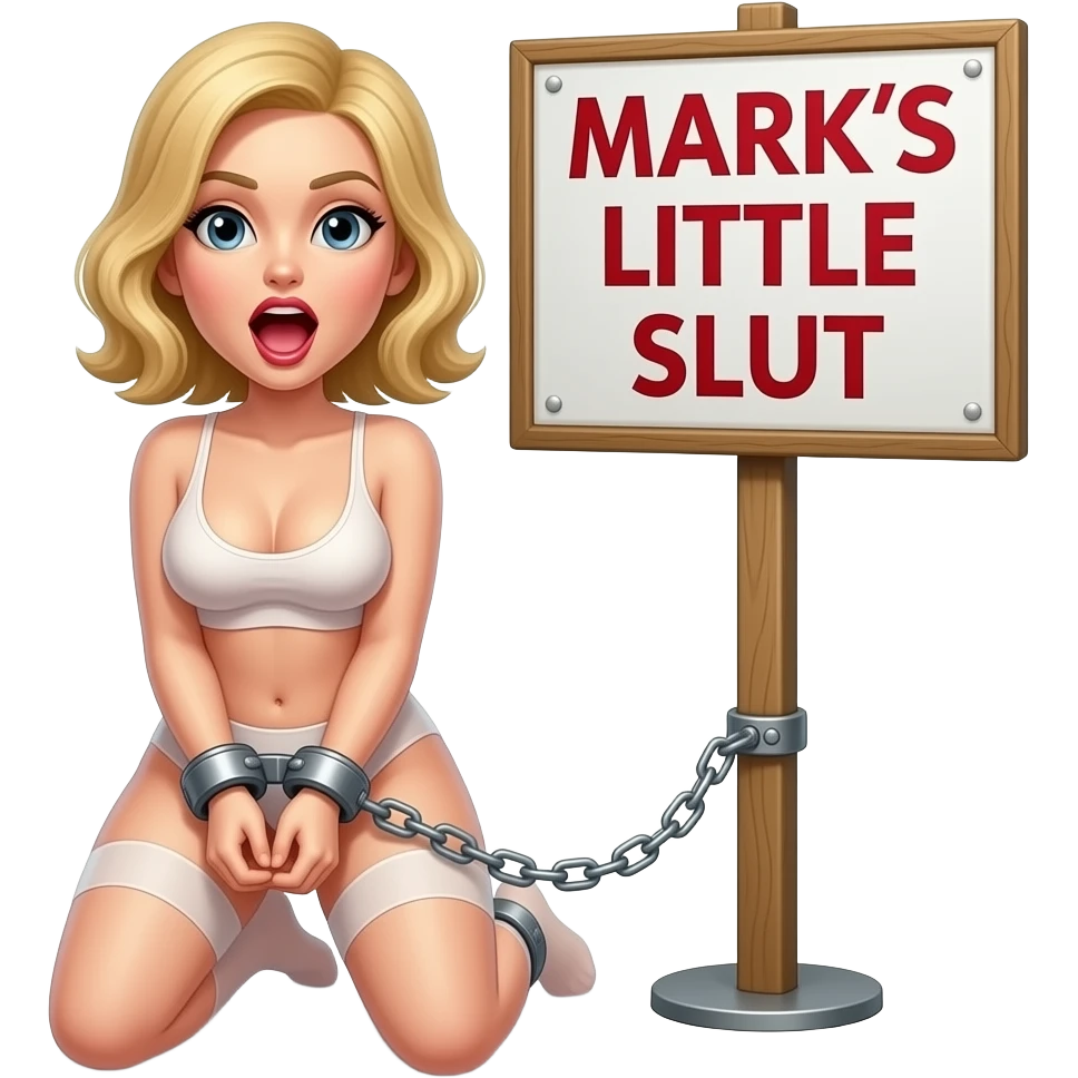 Naked Blonde woman with mouth open kneeling in restraints next to sign that says Mark's Little Slut emoji