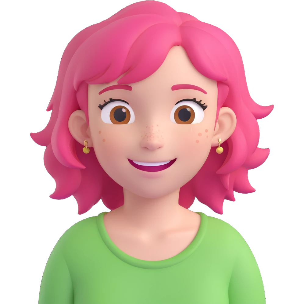 Redraw the character in 3D Disney style with the same happy expression, pink hair, and freckles. Maintain a transparent background. emoji
