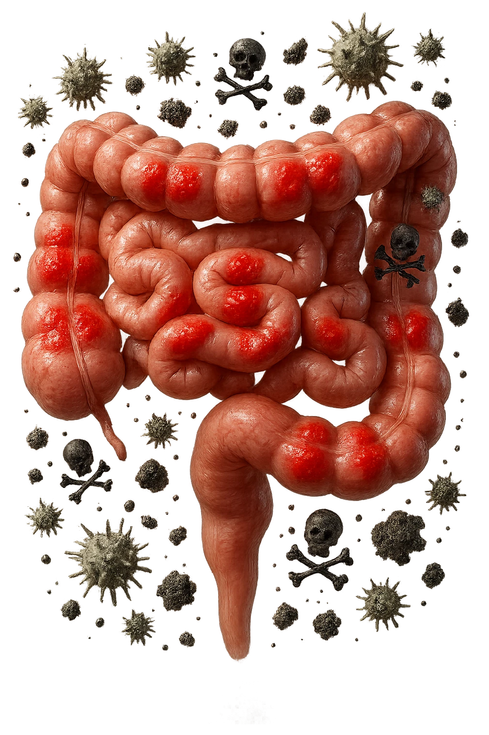 intestino anatomico realistico con red spot di infiammazione CON VARIE PARTICELLE TOSSICHE CHE CERCANO DI ATTACCARLO, IPERREALISTICO 4K emoji