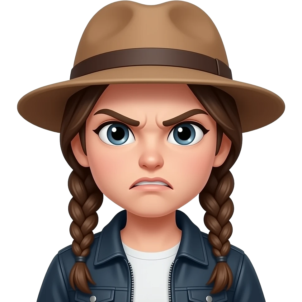 angry girl with hat and brown hairs braid wear jacket with half body close up i want to need her face close up emoji