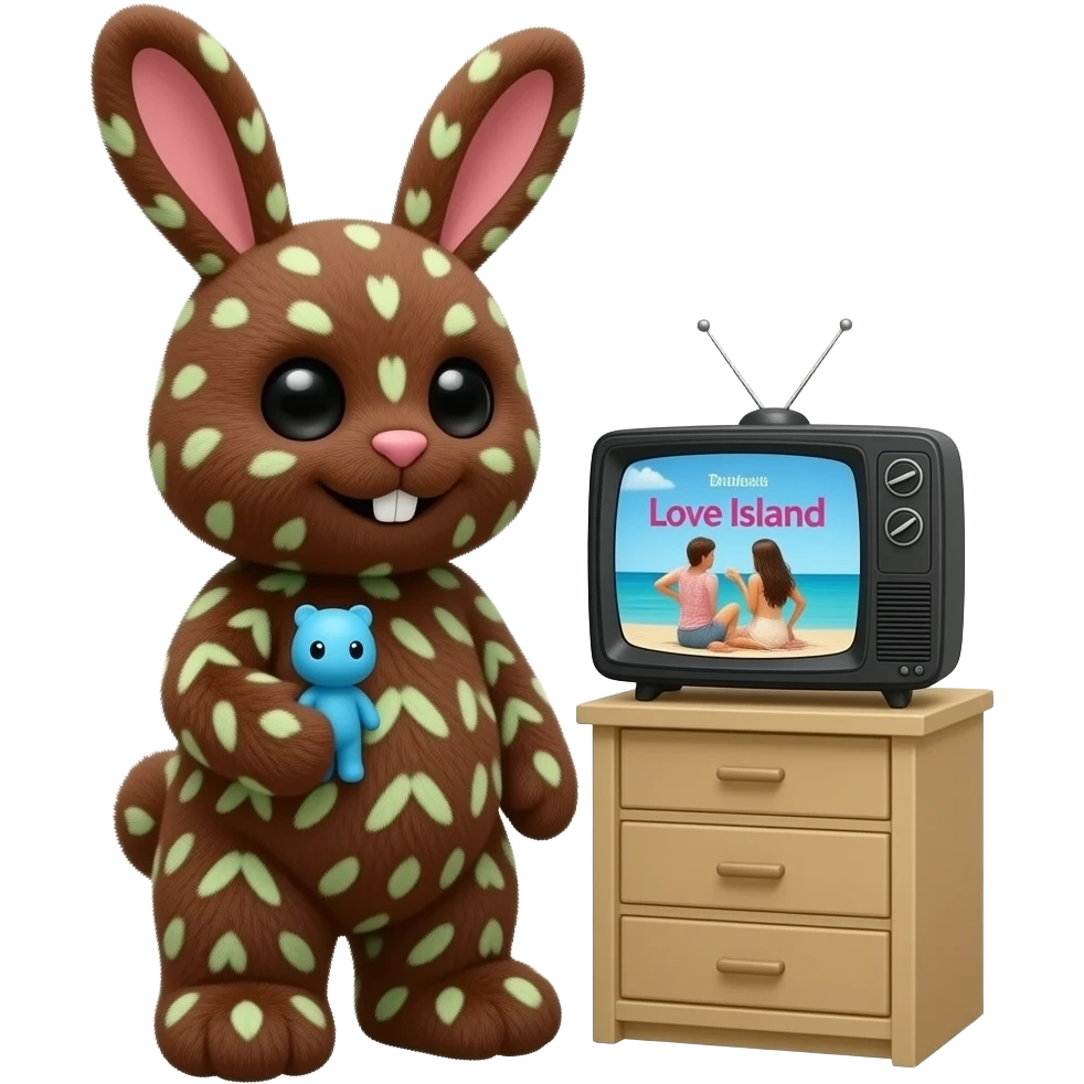 Fluffy Bunny plush with creepy terrh  that is chocolate  with pistachio khatifi Dubai in it holding a blue 67 and watching the show love island emoji