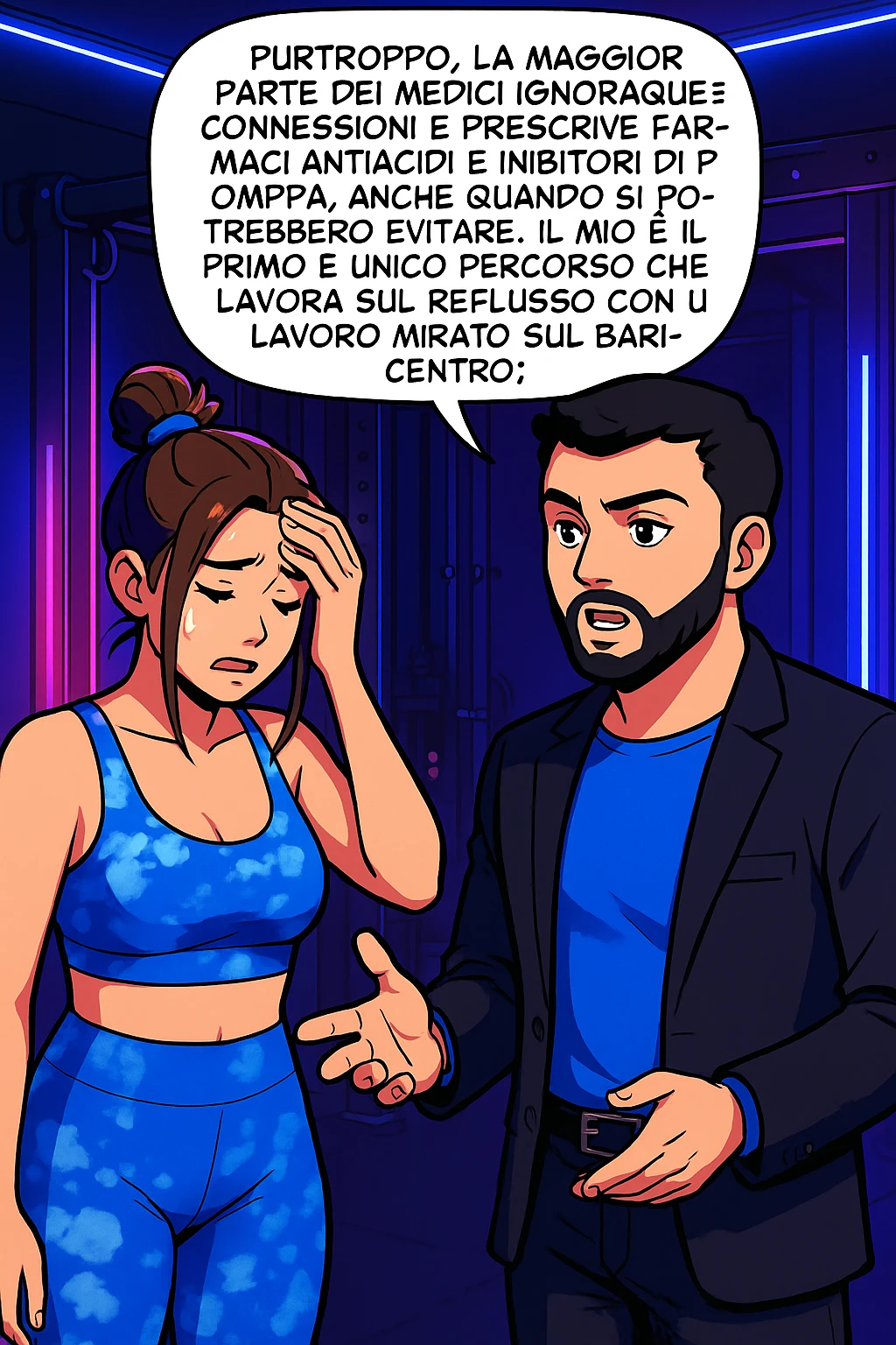 TRASFORMA QUESTO CAROSELLO IN UN FUMETTO STILE WEBTOON/MANGA A COLORI CON QUESTE DUE PERSONE IDENTICHE CHE INTERLOQUISCONO TRA LORO, L'uomo sta spiegando alla donna questo concetto MENTRE LA DONNA SI TIENE la mano sulla fronte sconcertata:

LUI (UOMO): Purtroppo, la maggior parte dei medici ignora queste connessioni e prescrive farmaci antiacidi e inibitori di pompa, anche quando si potrebbero evitare.
Il mio è il primo e unico percorso che lavora sul reflusso con un lavoro mirato sul baricentro; emoji
