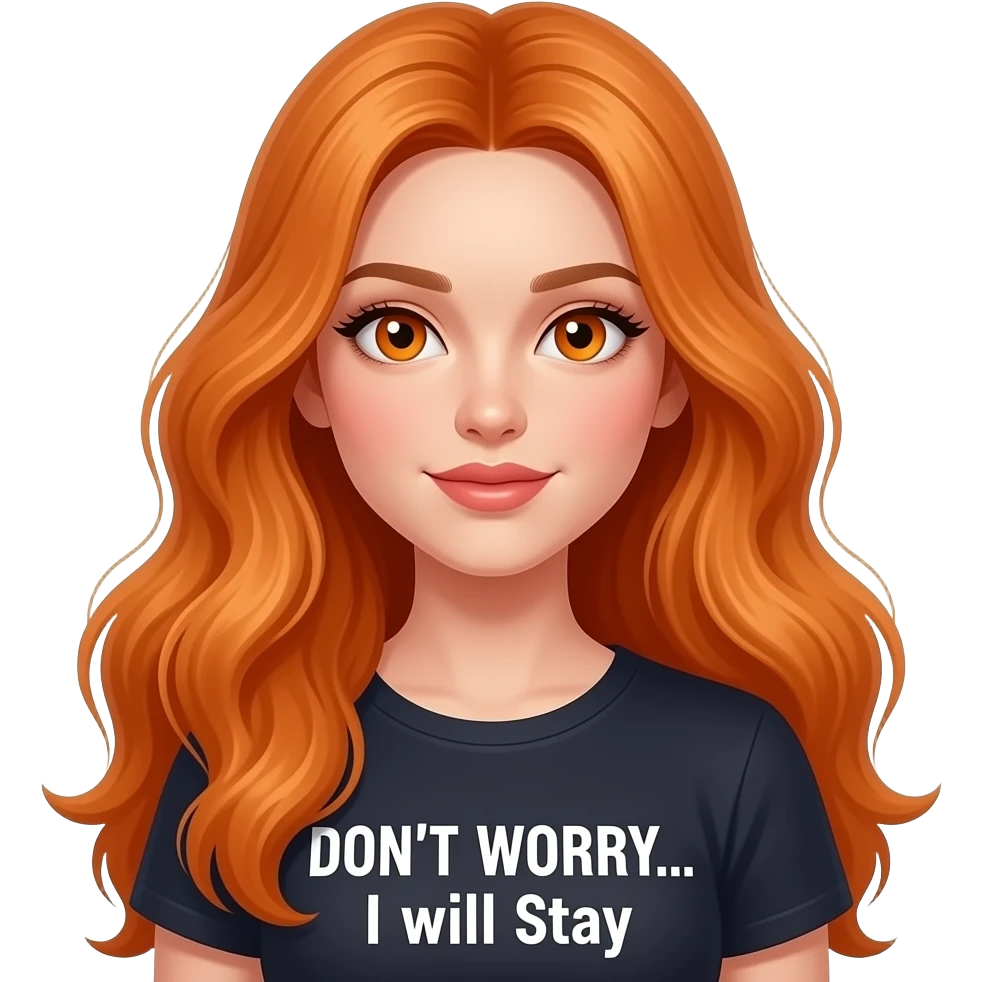 sexy girl with overlong ginger hair and ginger eyes wearing a top with DON'T WORRY... I will stay written on it emoji