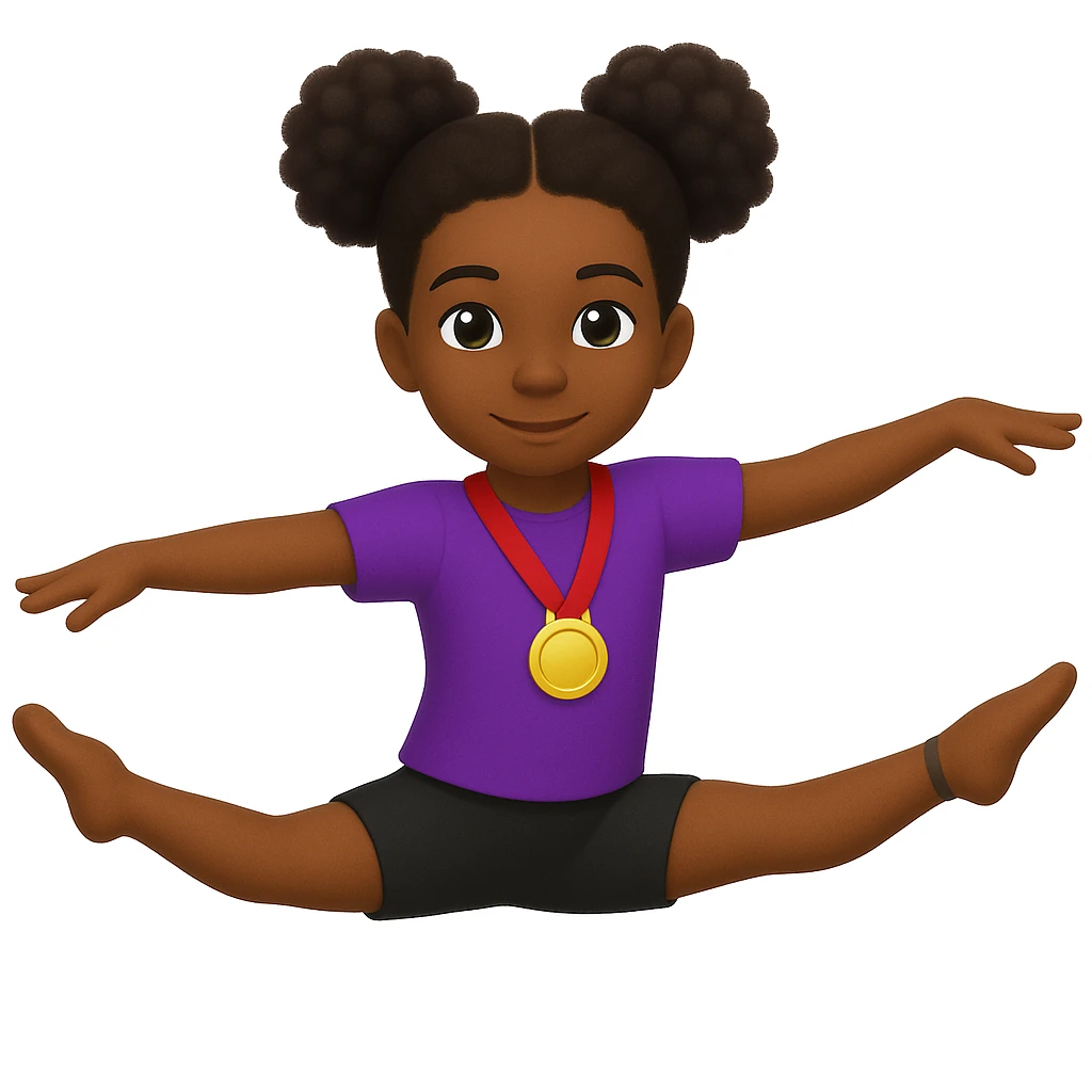 Edit the image of a girl in a gymnastics pose with light skin tone. Make her hair all dark brown, add a medal around her neck, and ensure she is wearing shorts and a t-shirt. Keep the gymnastics pose intact. emoji