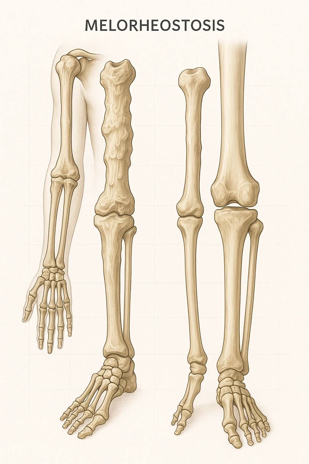 A highly realistic medical illustration focusing on a human arm and leg bones affected by melorheostosis. The bones appear visibly thickened, irregular, and larger than normal, with clear, layered bone growth resembling melted wax dripping down the side of the bones. The image shows a side-by-side comparison with a healthy bone for clarity, highlighting the difference in size and texture. The color palette includes neutral bone colors with subtle shading to show the abnormal contours and ridges. The background is clean and minimalistic, with faint anatomical grid lines for a scientific, educational feel. The overall mood is informative and precise, conveying the key visual characteristic of melorheostosis: progressive bone thickening that makes bones visibly larger and irregular. emoji