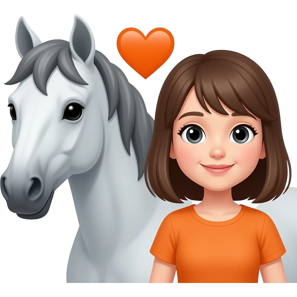 I would like any emoji with a gray horse and a girl in Orange with an orange heart in between them emoji