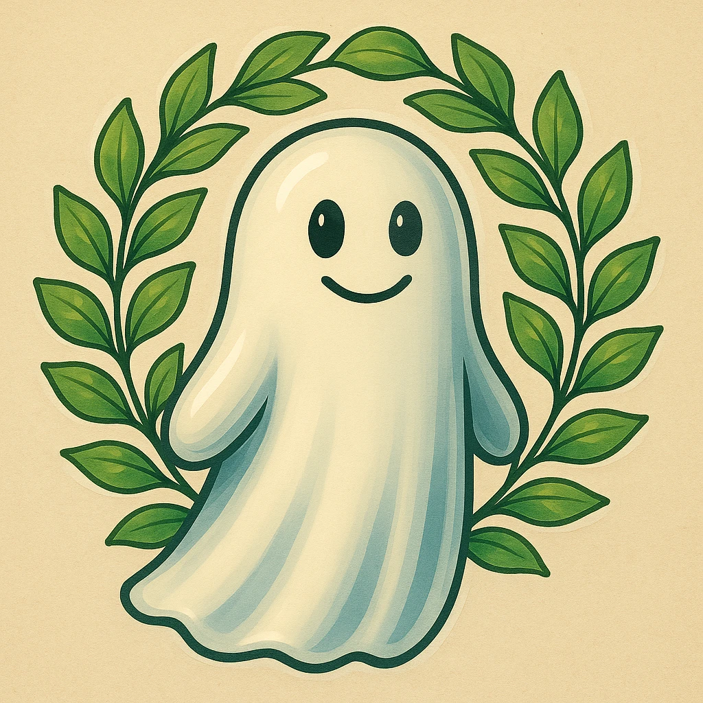 Adjust the leafy wreath so it wraps all the way around the ghost's head, forming a full circle. The leaves should be spaced out and delicate, not too dense, matching the illustration style and colors of the original image. Keep the ghost and background unchanged. Maintain the same style and color palette as the reference. emoji